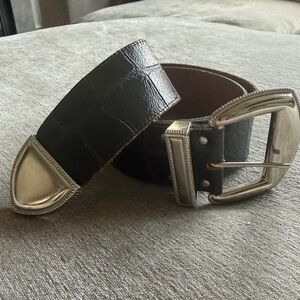 Vintage Western Croc Embossed Leather Belt Silver Engraved Buckle M/L Made USA